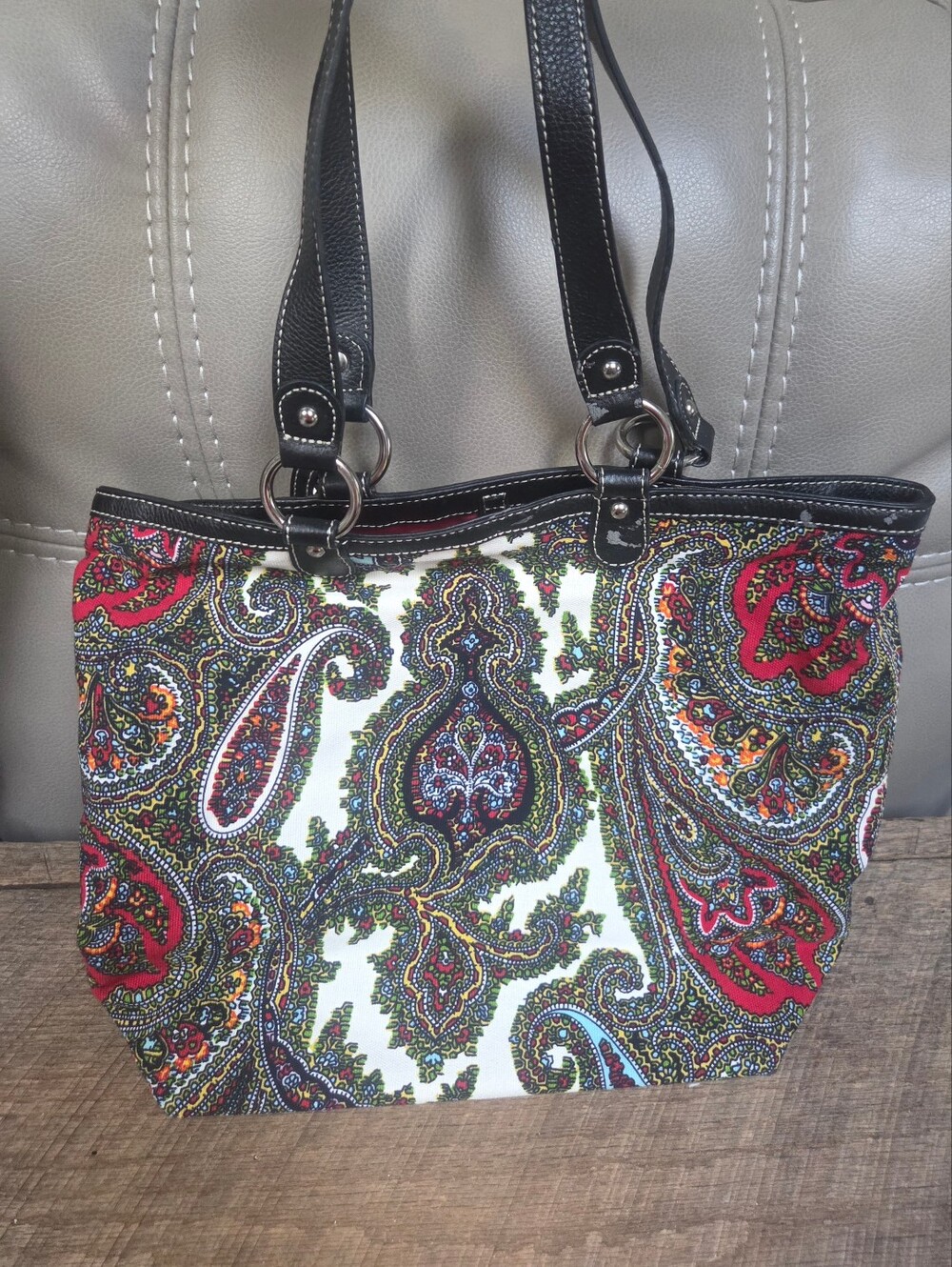 Talbots Vintage Paisley Tapestry Large Tote Bag w/ Black Leather Straps ~ Bin 1J